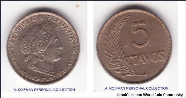 KM-213.2, 1941 Peru 5 centavos; copper nickel, plain edge; extra fine or about, date spelled out as UN MIL NOVECIENTOS CUARENTIUNO