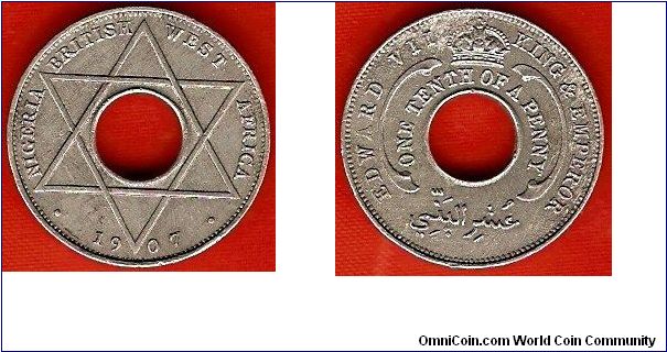 Nigeria - British West Africa
1/10 penny
Edward VII, king & emperor
aluminum