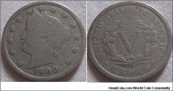 1900 5 cents, well circulated, still details are clear.