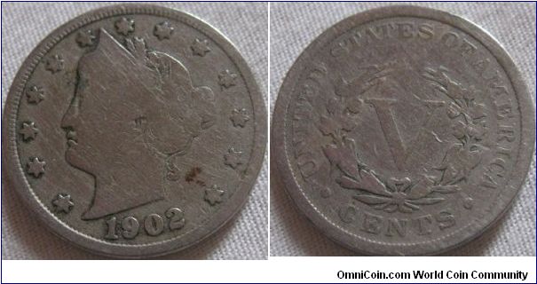 1902 5 cent, well circulated, detail good in places, slightly better then the 1900