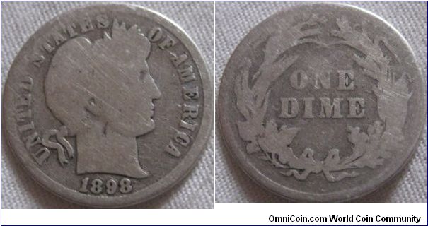 1898 dime, again well circulated, starting to go flat in places