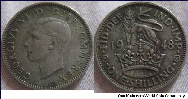 VF 1948 english shilling, high VF, bit of discolouration