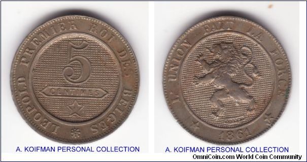 KM-21, 1861 Belgium 5 centimes; copper nickel, interesting edge with the squares (mostly) pressed into it; good extra fine almost uncirculated for wear but overall toned and dirty in places.