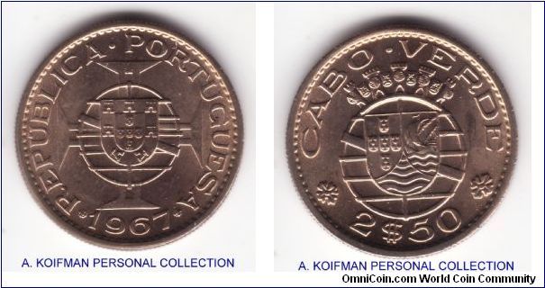 KM-9, 1967 Cabo (Cape) Verde 2.5 escudos; nickel-bronze, reeded edge; nice brilliant uncirculated.