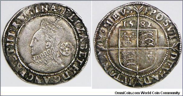 Elizabeth I (1558-1603), hammered coinage 6 Pence, 1582, sword mint mark, fourth issue. Obv. bust of Queen with rose behind. Rev. Cross over royal shield. 6 Pence of Elizabeth I are fairly common, especially in VG to aF condition. However, VF and EF examples are scarcer, i.e. desirable and obtainable. 6 Pence are sometimes clipped, creased or holed. Clear date, mintmark and portrait of 6 Pence are very desirable. For detail, see my blog article 52.