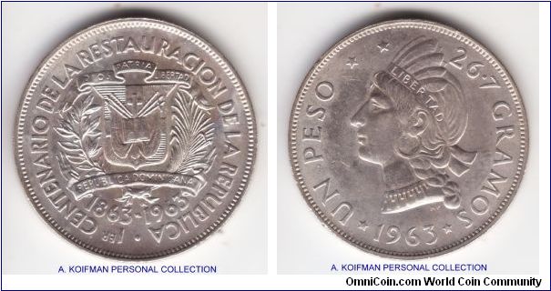 KM-30, 1963 Dominican Republic peso; silver, small reeded (unusual for silver); commemorating 100'th anniversary of the restoration of the republic; extra fine, probably very lightly  circulated but quite a bit of bag marks.