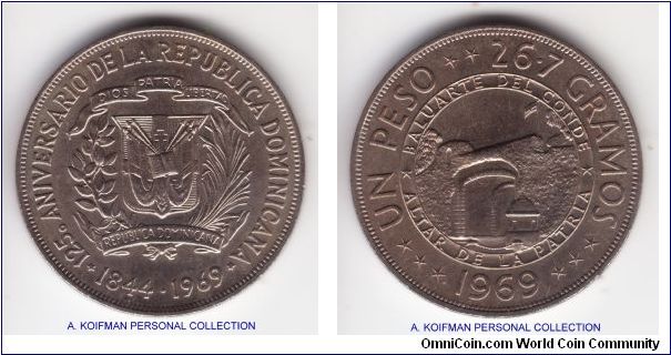 KM-33, 1969 Dominican Republic peso; copper-nickel, reeded edge; commemorating 125'th anniversary of the Republic; nice uncirculated, mintage 30,000.