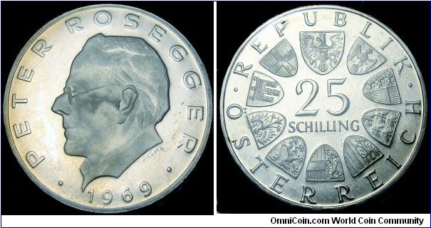 Austria - 25 Schilling Jubilee - 1969 - Weight 13 gr - Silvercoin Ag 0,800 - Ag 0,3344 Troy Ounce - Size 30,5 mm - Mintage 1 356 000 - Peter Rosegger/Poet-Writer - Reference KM# 2905
