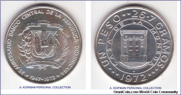 KM-34, 1972 Dominican Republic peso; silver, reeded edge; commemoration 25'th anniversary of the Central bank; slightly more silvery then the other specimen I have, uncirculated, mintage 27,000.
