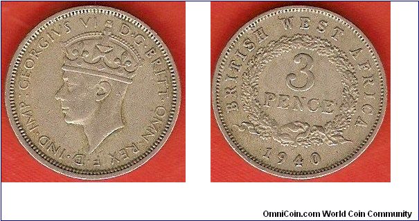 3 pence
George VI, king and emperor of India
copper-nickel