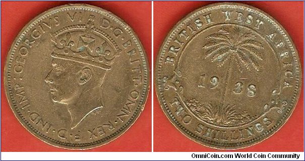2 shillings
George VI, king and emperor of India
nickel-brass