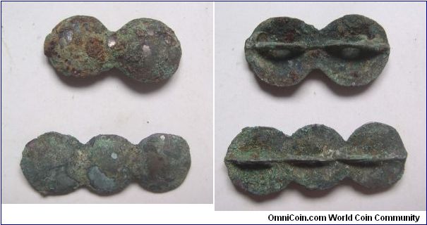 2pcs Northern of China nomadic people bronze money variety A,Zhou dynasty,it has 30mm and 44mm diameter,weight is 3.6g and 4.4g.