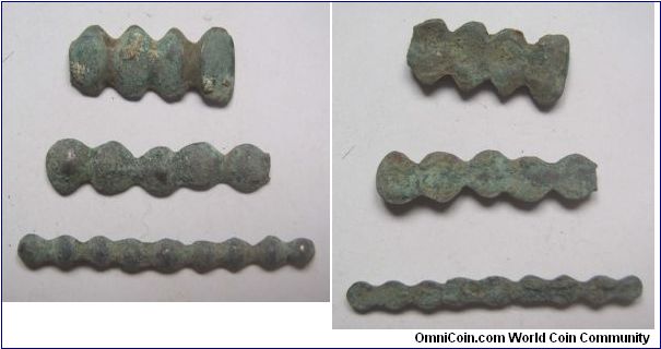 3pcs Northern of China nomadic people bronze money variety B,Zhou dynasty,it has 21mm,29mm and 39mm diameter,weight is 2g,1.3g and 1.2g.