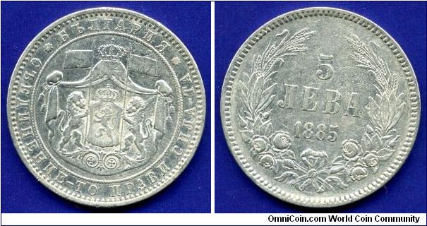 5 Leva.
The Principality of Bulgaria.
Prince Alexander I (1879-1886).
Mintage 1,426,000 units.


Ag900f. 25,0gr.