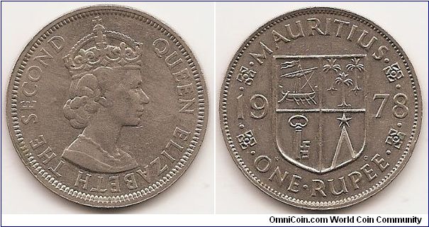 1 Rupee
KM#35.1
11.7000 g., Copper-Nickel, 29.6 mm. Ruler: Elizabeth II Obv: Crowned head right Rev: National arms divide date above value