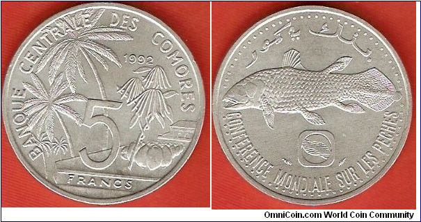 Banque Centrale des Comores
5 francs
World Fisheries Conference
Coelacanth fish
aluminum