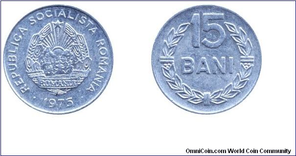 Romania, 15 bani, 1975, Al, Socialist Republic of Romania.                                                                                                                                                                                                                                                                                                                                                                                                                                                          
