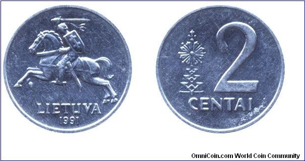 Lithuania, 2 centai, 1991, Al.                                                                                                                                                                                                                                                                                                                                                                                                                                                                                      