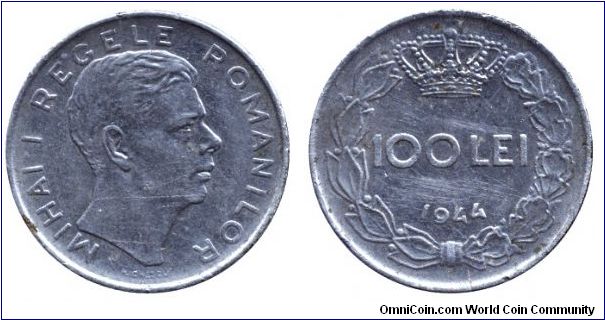 Romania, 100 lei, 1944, Ni-Steel, King Mihai I.                                                                                                                                                                                                                                                                                                                                                                                                                                                                     