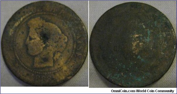 5 centimes, 1888 well worn and corroded, probably a detector find, otherwise in normal state