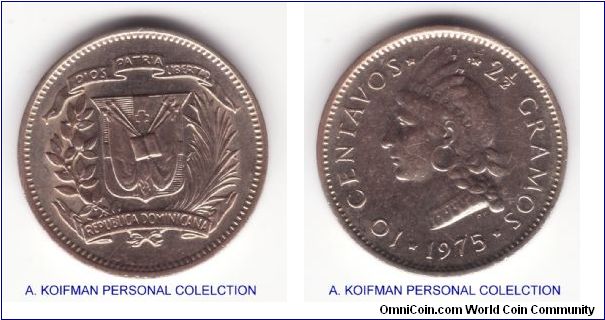 KM-19a, 1975 Dominican Republic 10 centavos; copper-nickel, plain edge; average about uncirculated.