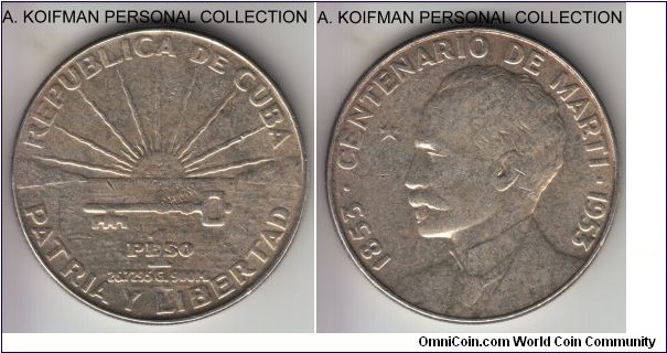 KM-29, No date (1953) Cuba peso; silver, reeded edge; centennial of Jose Marti commemorative, good very fine to extra fine, low relief design makes for deceptively smooth details.