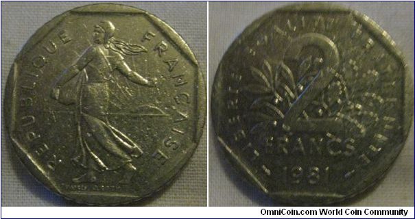 nice 1981 2 francs, lustrous few scratches
