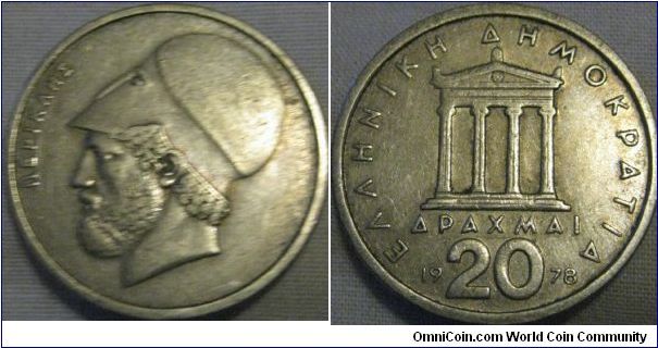 1978 20 drachma, VF condition, showing signs of circulation on obverse