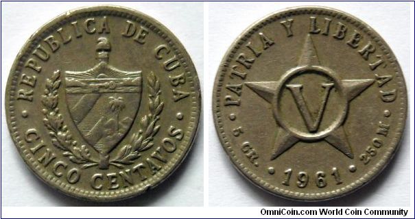 5 centavos.
1961, Copper-nickel