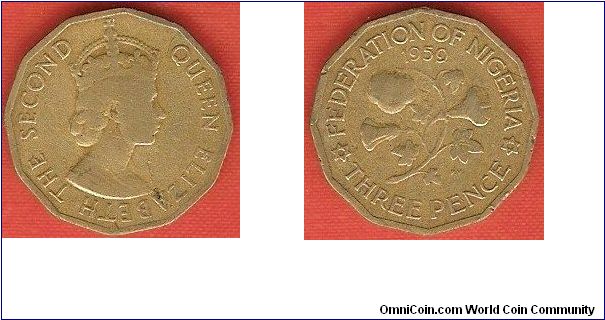 Federation of Nigeria
3 pence
cotton plant
Elizabeth II
nickel-brass