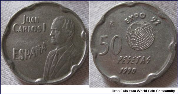 1990 50 pesetas, expo 92 coin, similar shape the the 20 euro cent, coin is EF, design is rather plain though