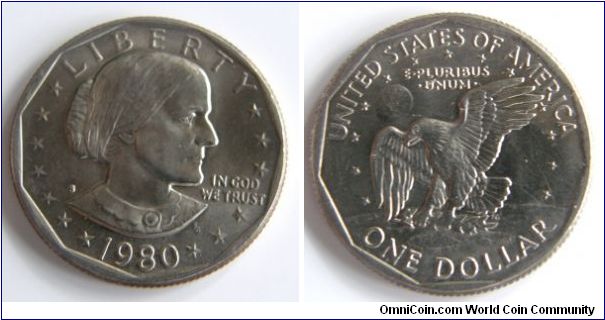 SUSAN B. ANTHONY DOLLAR. 1980S Mintmark: S (for San Francisco, CA) on the left side of the obverse, just above Anthony's shoulder