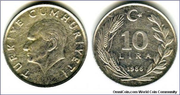 Turkey: 10 lira KM# 964 1986. Variety with new portrait on obv. and medium design features on rev. See other varieties here: http://www.omnicoin.com/coin_view.aspx?id=965099.