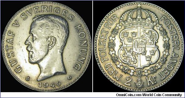 Sweden - 2 Kronor - 1940 - Weight 15 gr - Silvercoin Ag 0,800 - Ag 0,3858 Troy Ounce - Size 31 mm - Regent / Gustaf V - Mintage 517 740 - Engraver / Adolf Lindberg - Minted in Stockholm / Sweden - Reference KM# 787