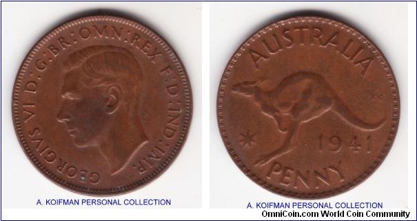 KM-36, 1941 Australia penny; plain edge, bronze; looks to me that this is a Melbourne mint but I can't say for sure; good solid very fine (reverse shows well where kengury wears out first) and a couple of small rim nicks.