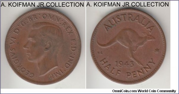 KM-43, 1943 Australia half penny, Melbourne mint (no mint mark); bronze, plain edge; average brown uncirculated or almost.