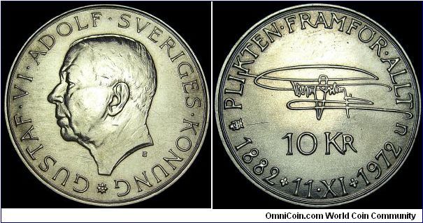Sweden - 10 Kronor Jubilee coin - 1972 - Silvercoin Ag 0,830 - Ag 0,4822 Troy Ounce - Weight 18,07 gr - Size 32 mm - Regent / Gustav VI Adolf (1950-73) - Mintage 2 000 000 (652 907 return) - Engraver / Léo Holmgren - Subject : Gustav VI Adolf 90 Year Birthday - Edge : Plain - Reference KM# 847 (1972)