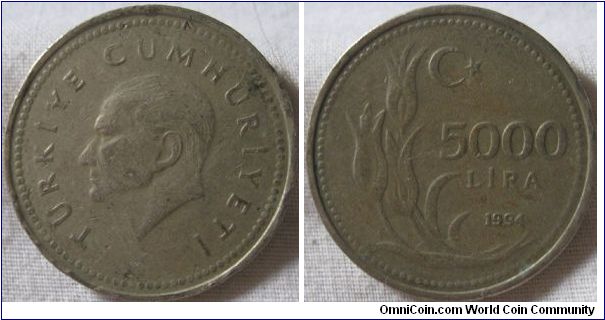 1994 5000 lira, worn, but coins were usualy not well struck
