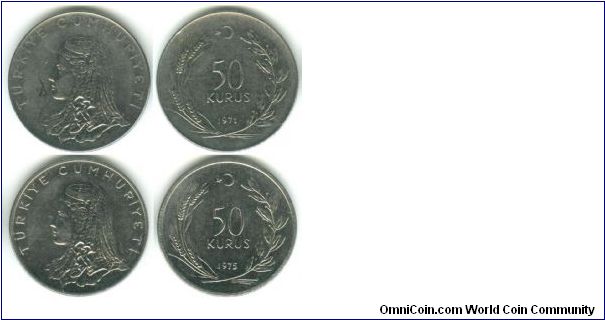50 kurus KM# 899. There are two varieties of this type: 1971 has a diameter of 25.5 mm, 1972-79 measure only 25.0 mm.