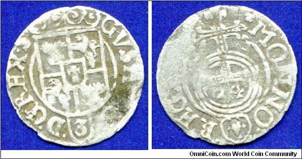 1-1/2 grosh (Triple halfgrosh, 1/24 Thaler, Drajpel'ker).
Swedish Livonia. 
Gustav II Adolf (1611-1632). 
Perhaps the so-called Suceavian issue coin - the city of Suceava in Moldavia, where illegally minted coins Rzeczpospolita and Sweden in the early 17 th century. Mostly solid Sigismund, less Poltoraks and troyaks as Poland and Sweden. 
Since the date of the coin and the name of the king do not match - Gustav Adolf was killed in battle under Lutcen November 16, 1632.


Ag123f. 1,08gr.