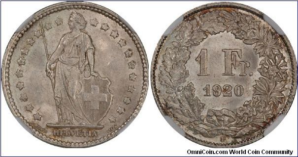 Switzerland Franc 1920B, NGC-MS63.