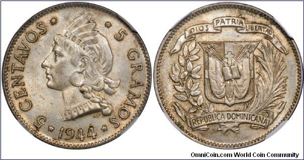 Dominican Republic Silver 5 Centavos 1944. NGC-MS62.