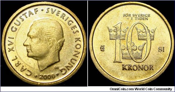 Sweden - 10 Kronor - 2006 - Weight 6,6 gr - Cu 89% Al 5% Zn 5% Sn 1% - Size 20,5 mm - Regent / Carl XVI Gustaf - Designer / Ernst Nordin / Marita Norin - Mintage 4 531 000 - Minted  in Eskilstuna / Sweden