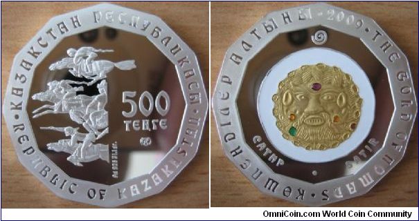 500 Tenge - Gold of nomads serie - Satir - 31.1 g Ag .925 Proof (partially gold plated with 5 colored stones) - mintage 5,000