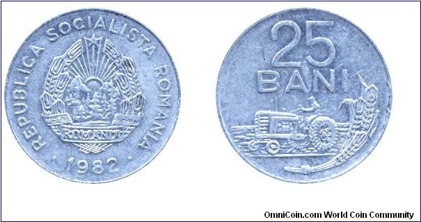 Romania, 25 bani, 1982, Al, Tractor, Socialist Republic of Romania.                                                                                                                                                                                                                                                                                                                                                                                                                                                 