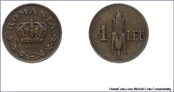 Romania, 1 leu, 1939, Ni-Brass, Maize.                                                                                                                                                                                                                                                                                                                                                                                                                                                                              