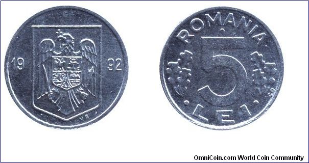 Romania, 5 lei, 1992, Ni-Steel.                                                                                                                                                                                                                                                                                                                                                                                                                                                                                     