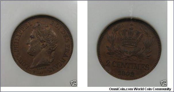 MAZ-1116, 1842 French 2 centimes; Essai by Barre; NGC graded MS65, very nice sharp strike.