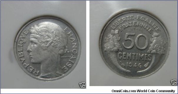 MAZ-2751A, 1946 France 50 centimes; piefort essai by Morlon; aluminum; NGC graded MS63