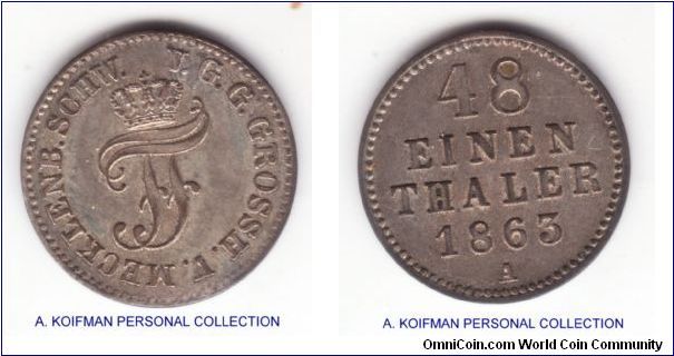 KM-311,1863 Mechlenburg-Schewerin 1/48'th of a thaler; plain edge, silver (billon); toning gives it a bit better look, probably extra fine to slightly higher.
